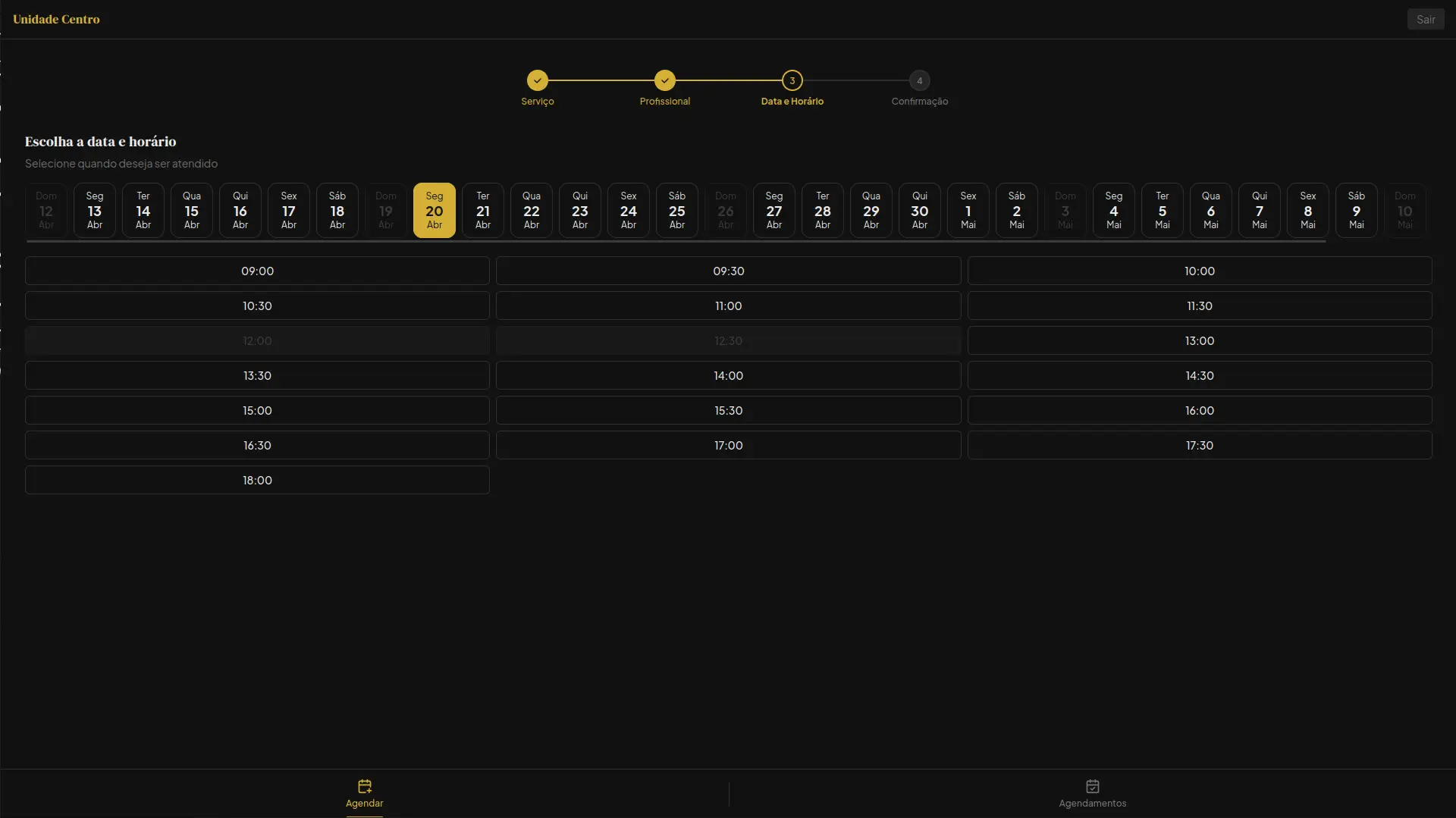 Kronuz — Tela de horários disponíveis