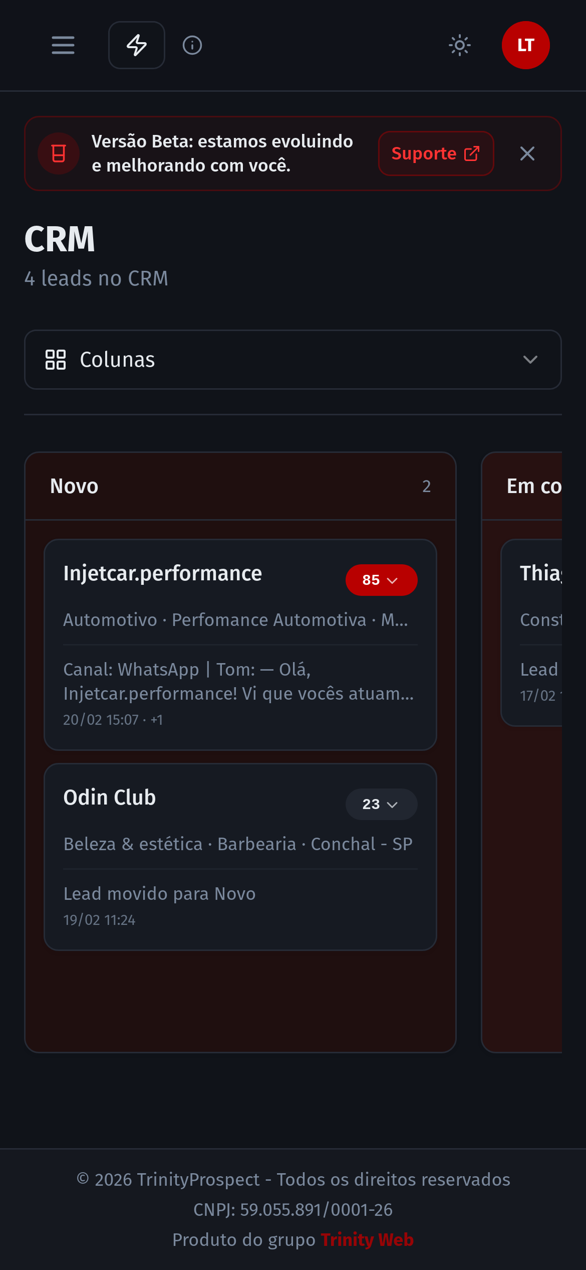 TrinityProspect - Visão mobile do CRM